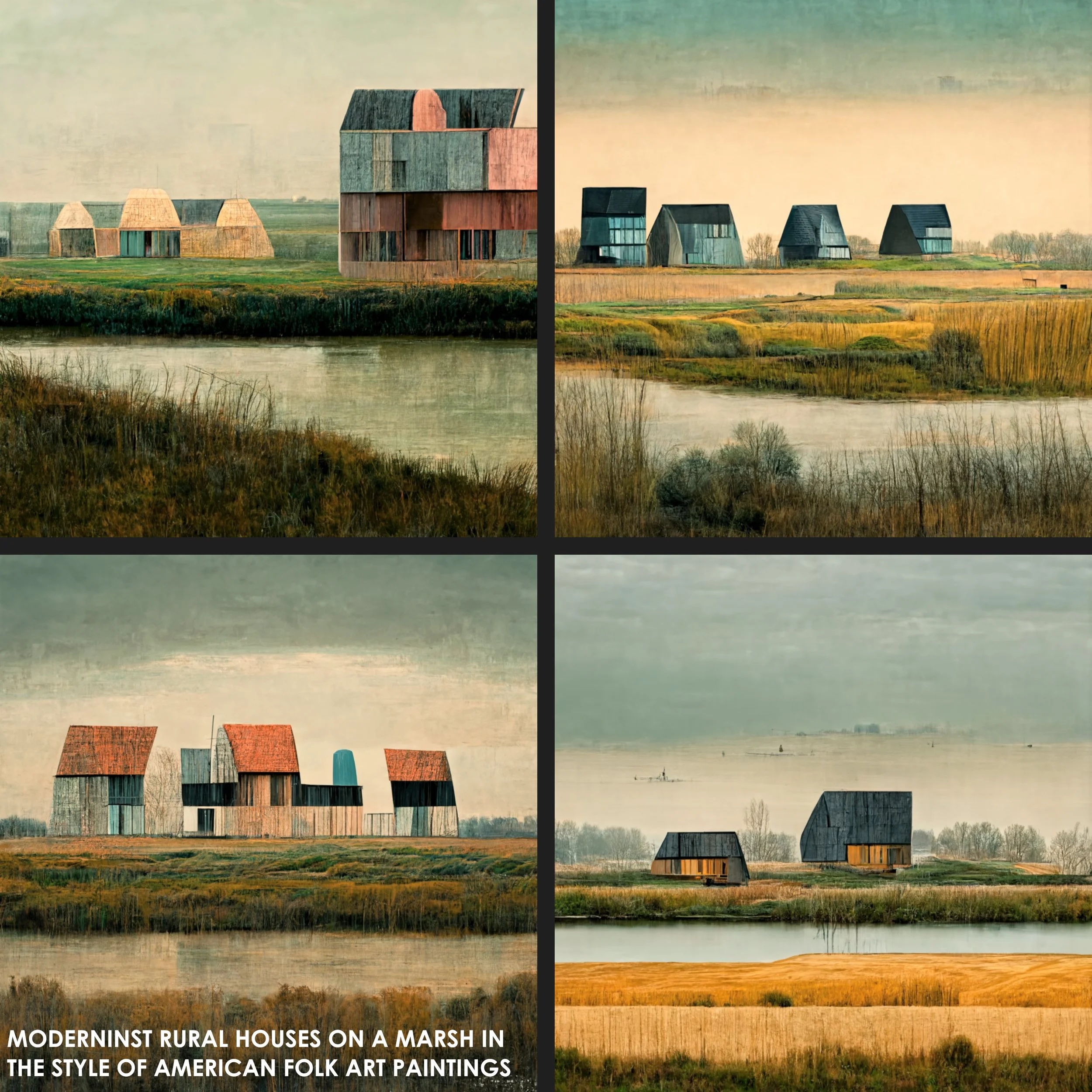 Modernist Rural Houses in a Marsh in the Style of American Folk Art Paintings