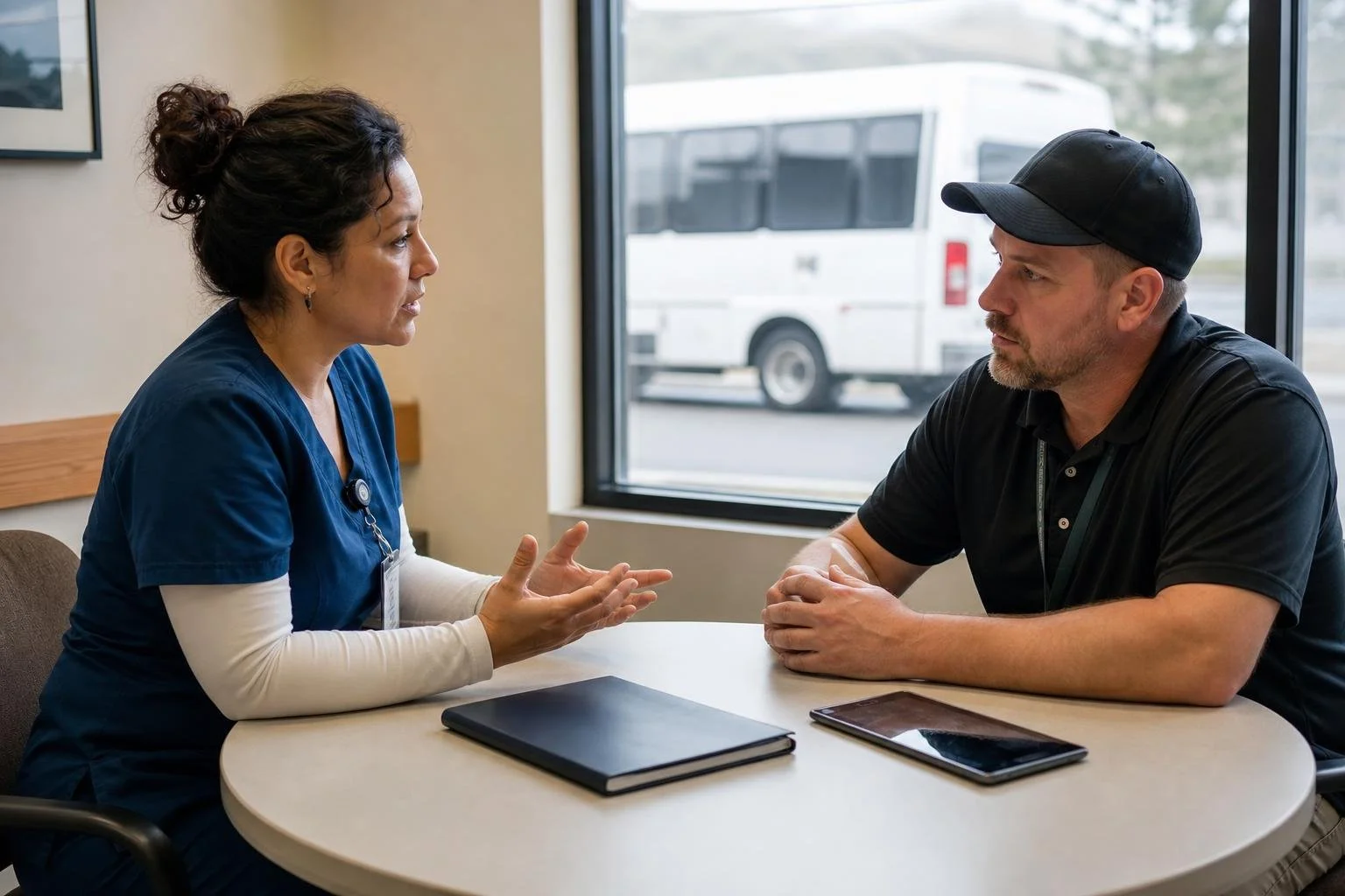 Case manager and transport coordinator discussing a patient transport handoff.