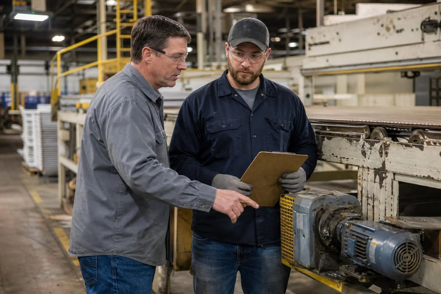 A production supervisor gives a technician feedback beside conveyor equipment on a manufacturing floor.