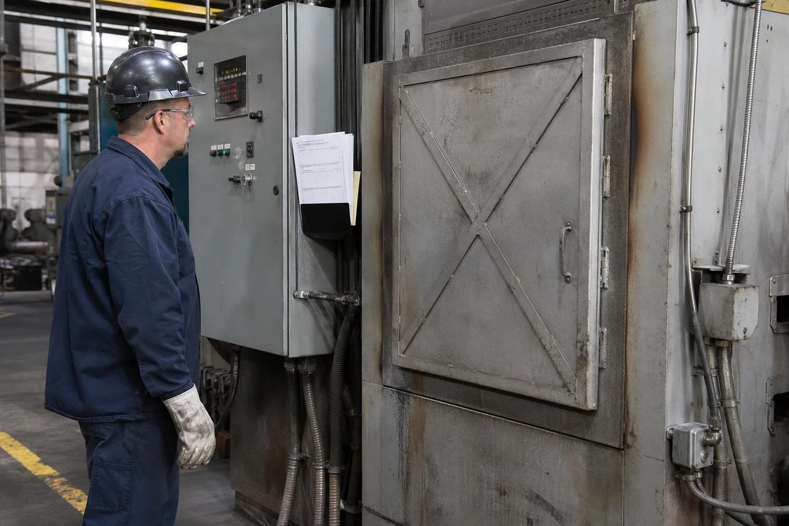Furnace operator performing a pre-start inspection beside a mounted checklist.