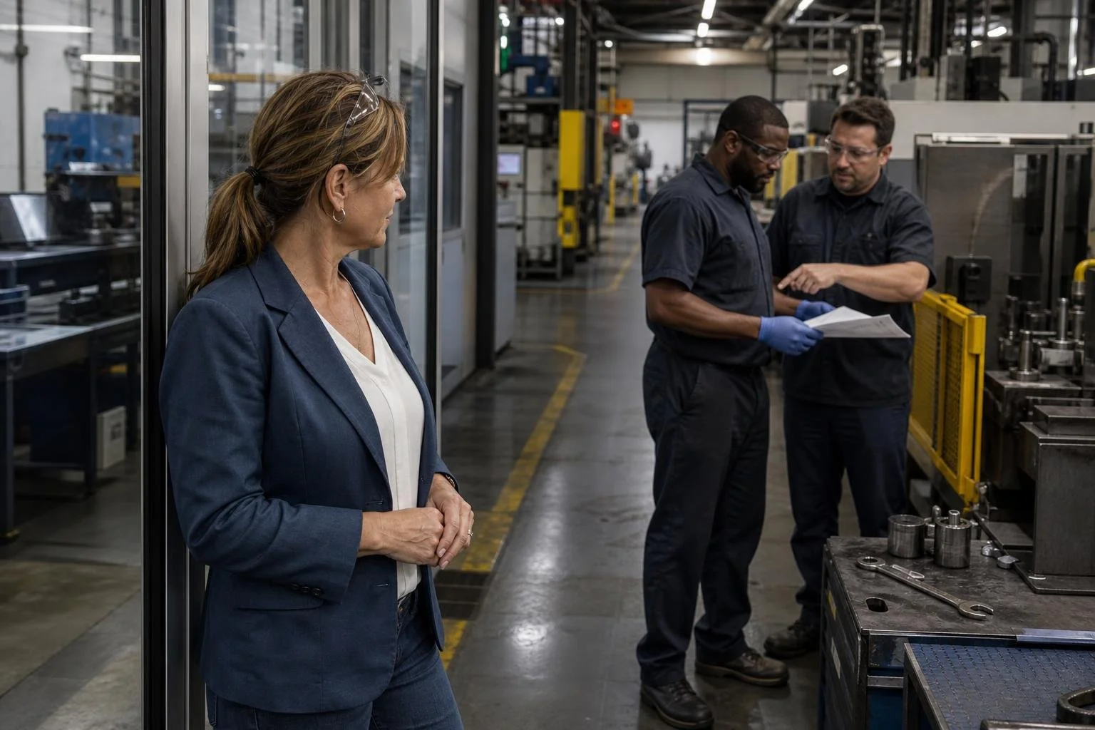 Industrial leader listening to technicians on a manufacturing floor