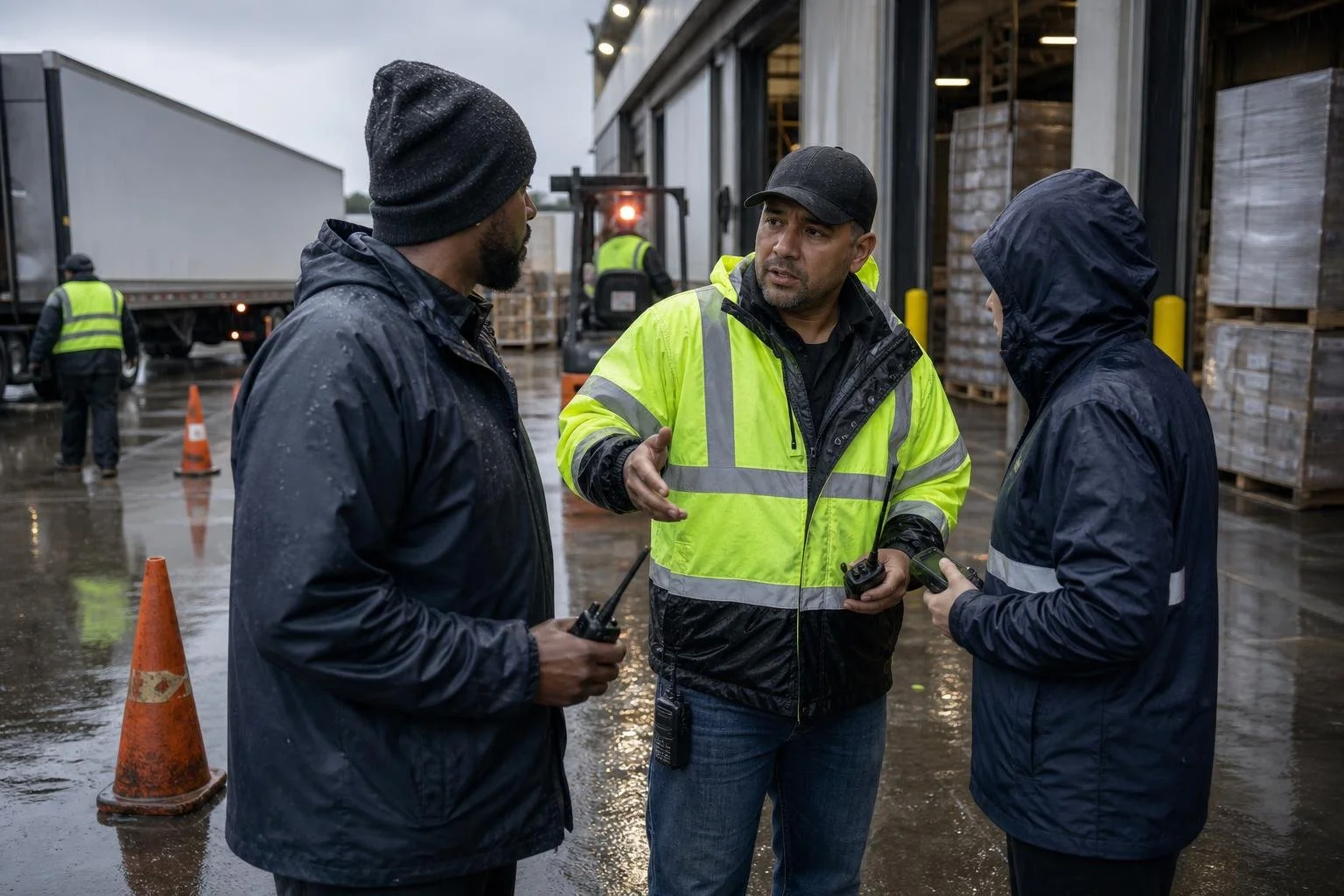 Operations leader coordinating safe freight movement during a rainy disruption at a terminal.