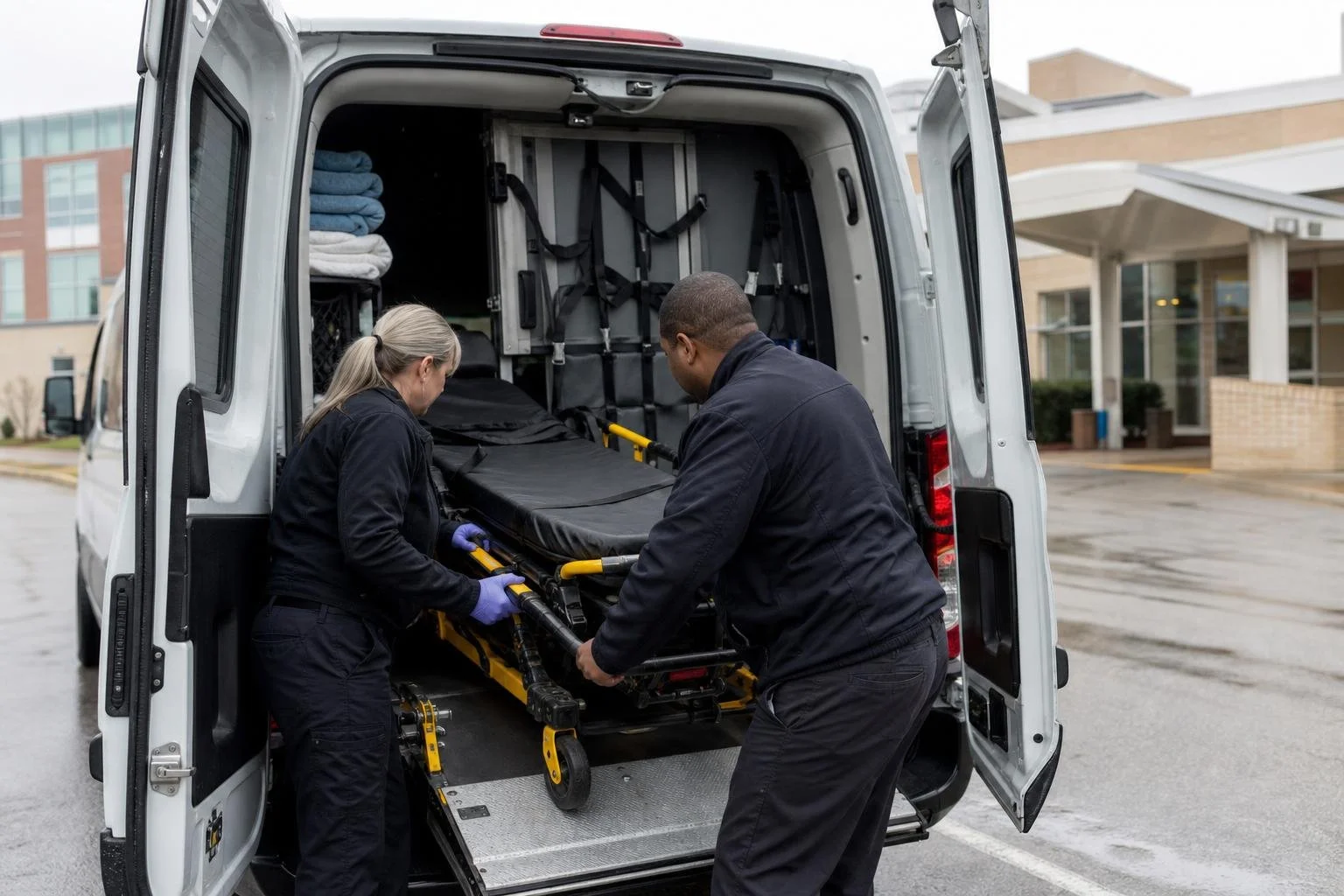 Transport crew preparing a stretcher inside a ground medical transport van.