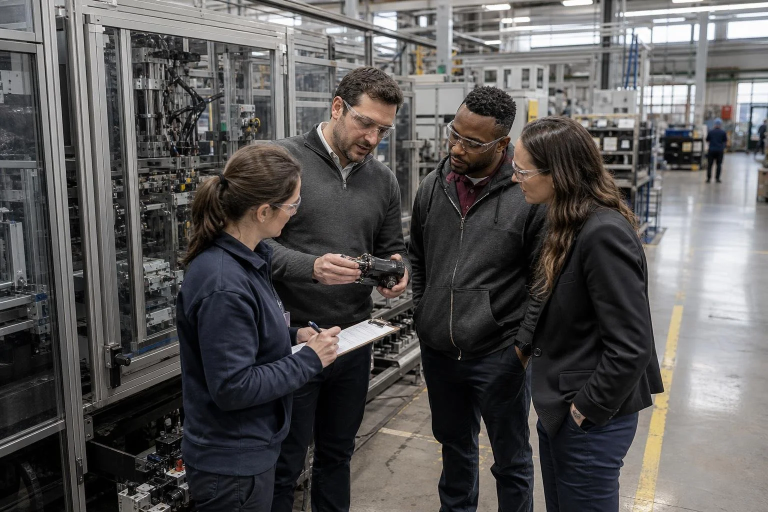 A cross-functional manufacturing team reviews an automated assembly machine.