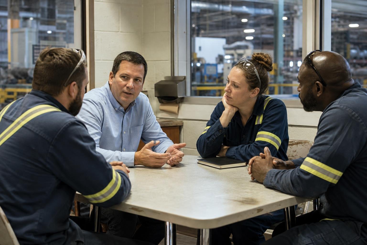 A plant manager has a candid discussion with shift employees in a work area.