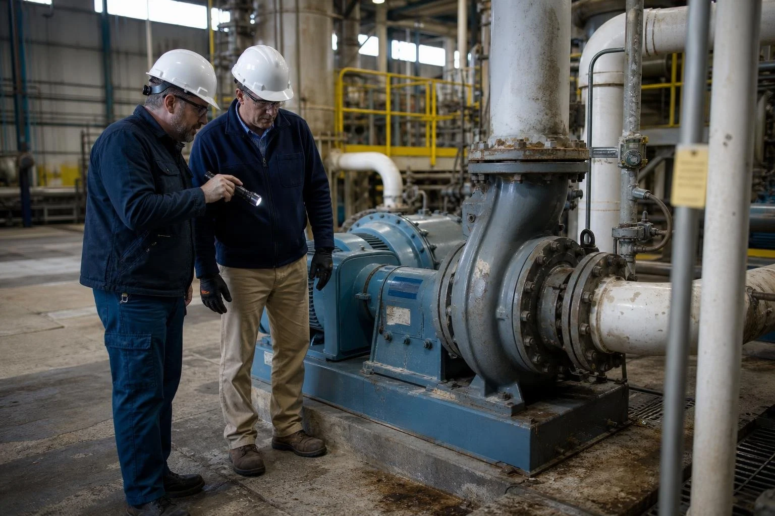 Plant manager and supplier field engineer inspecting a pump assembly together.
