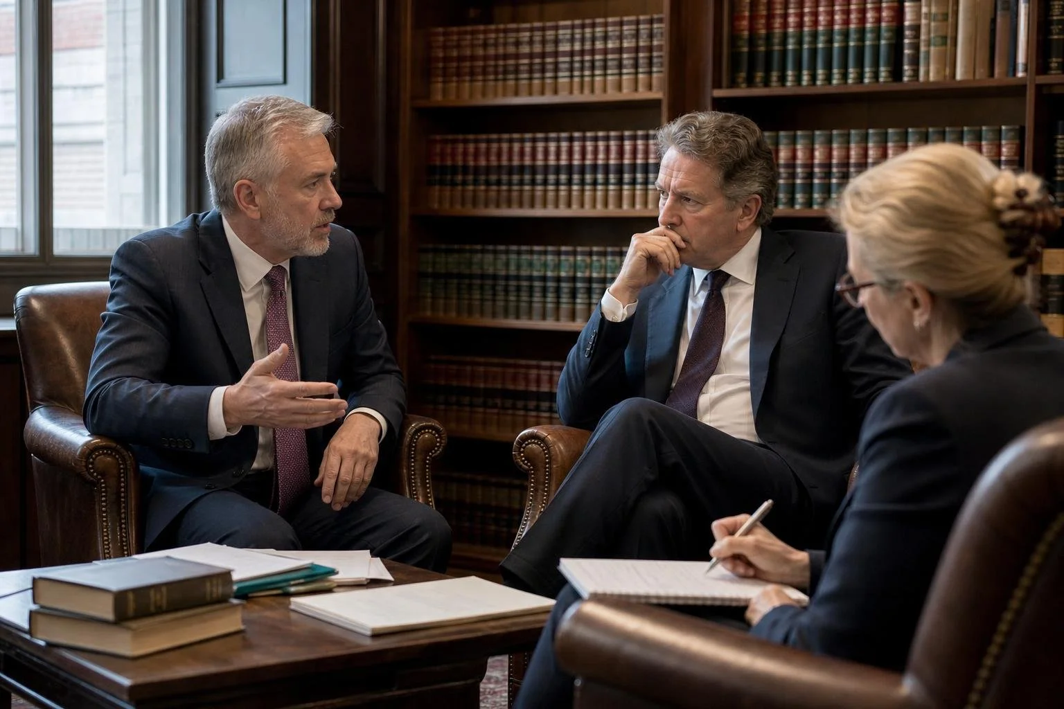 Senior law firm colleagues resolving a working disagreement in a private meeting.