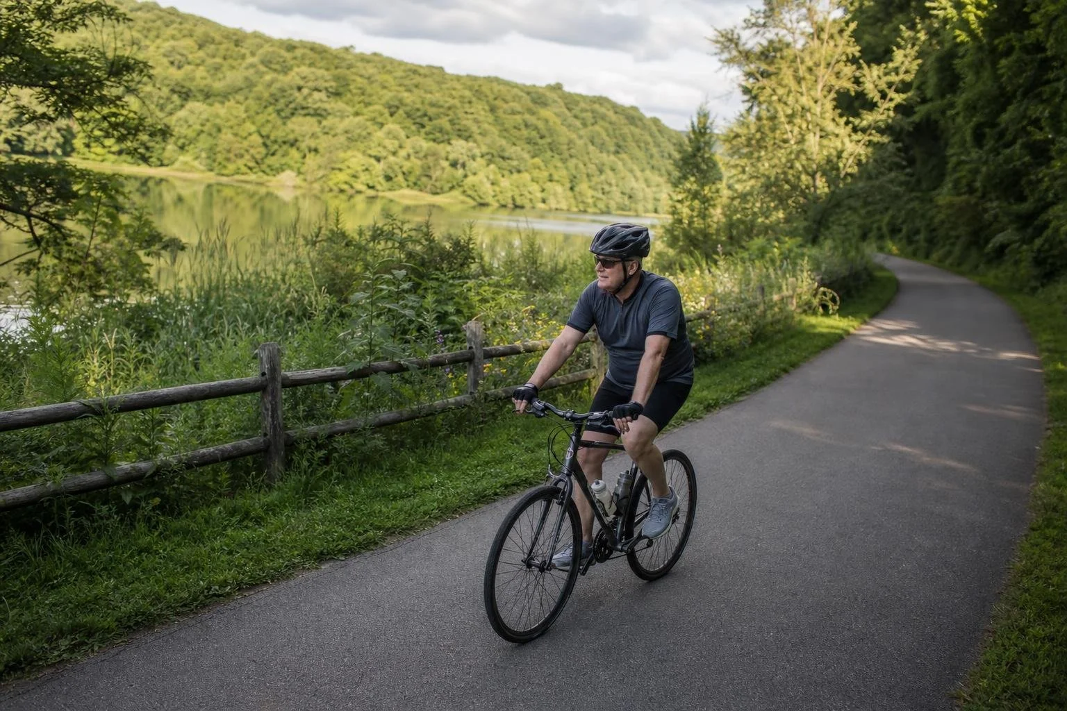 Adult cyclist enjoying an unhurried daytime ride on a quiet recreational path.