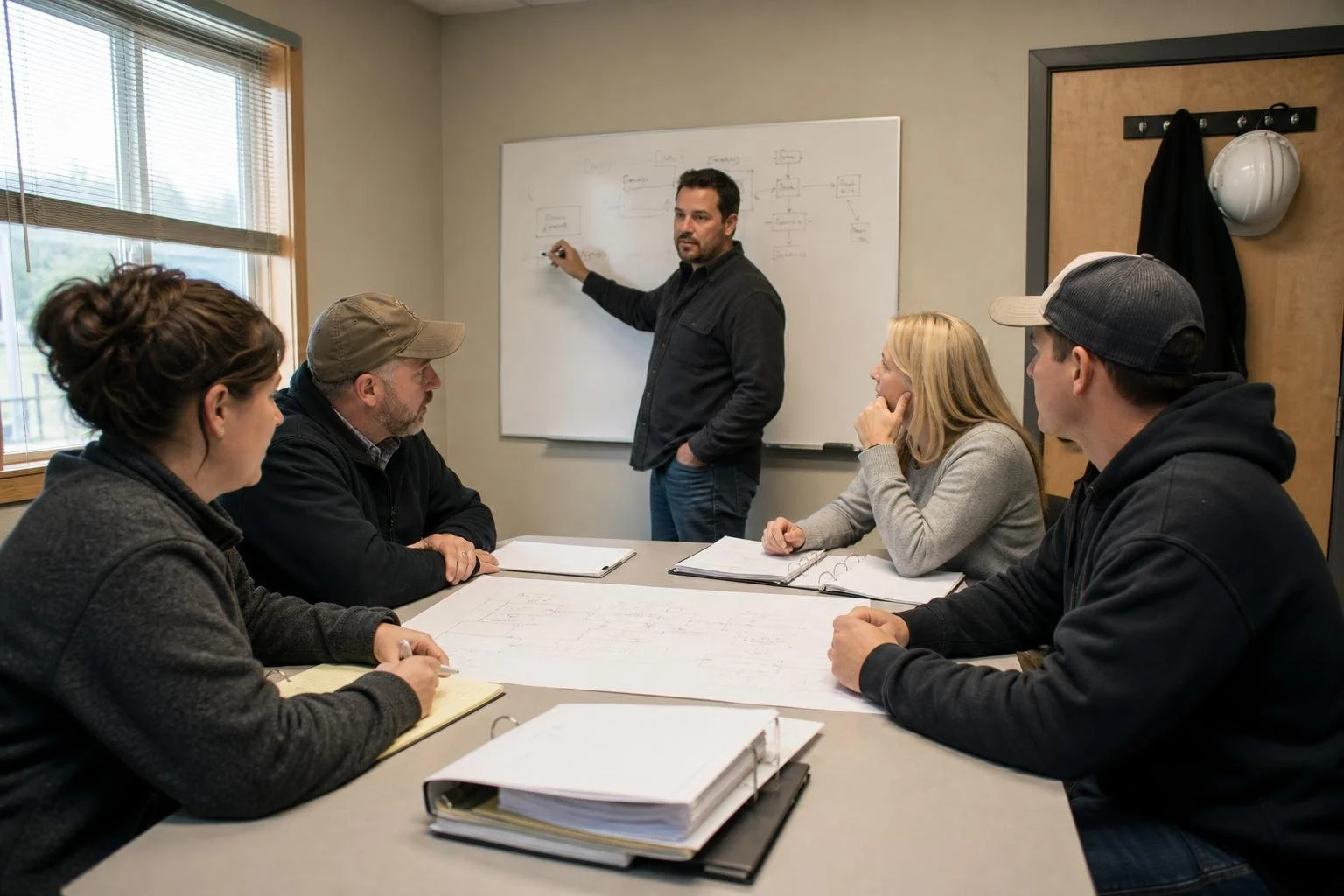 A commercial services team discussing a client workflow during an internal training session.