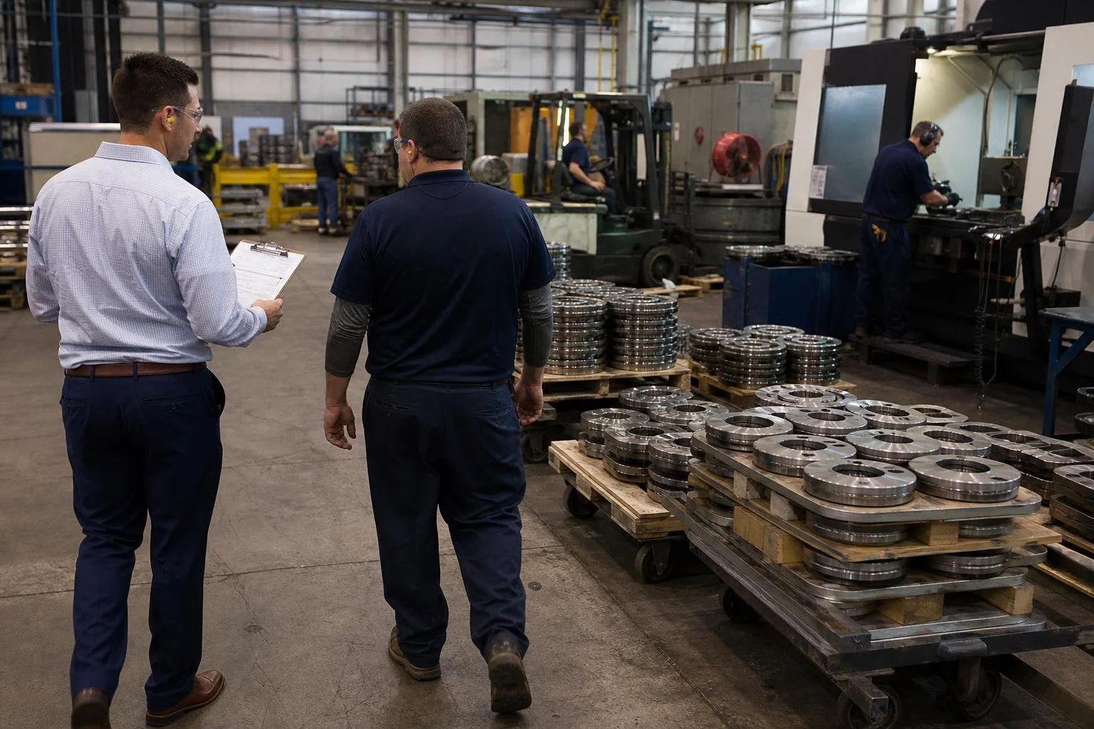 Manufacturing leaders reviewing production flow beside active equipment and material pallets.
