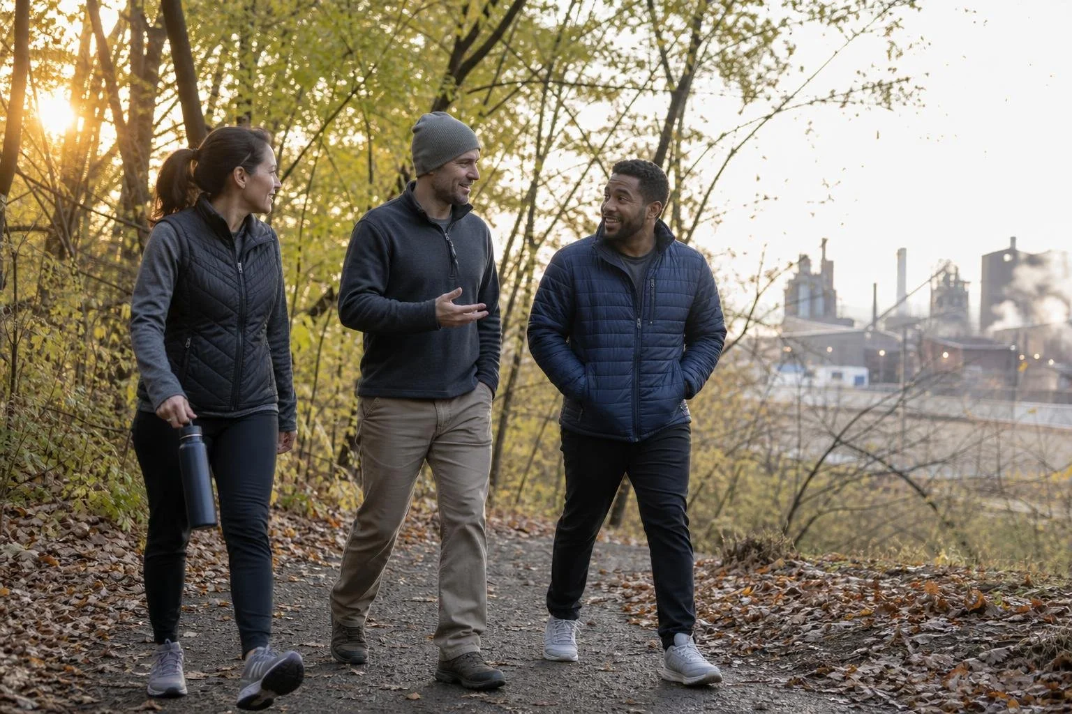 Three manufacturing professionals walking together on a wooded trail before work.