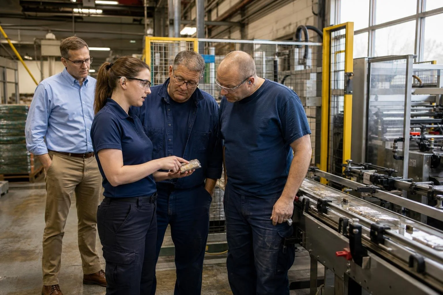 Manufacturing employees review a process issue beside a packaging line.