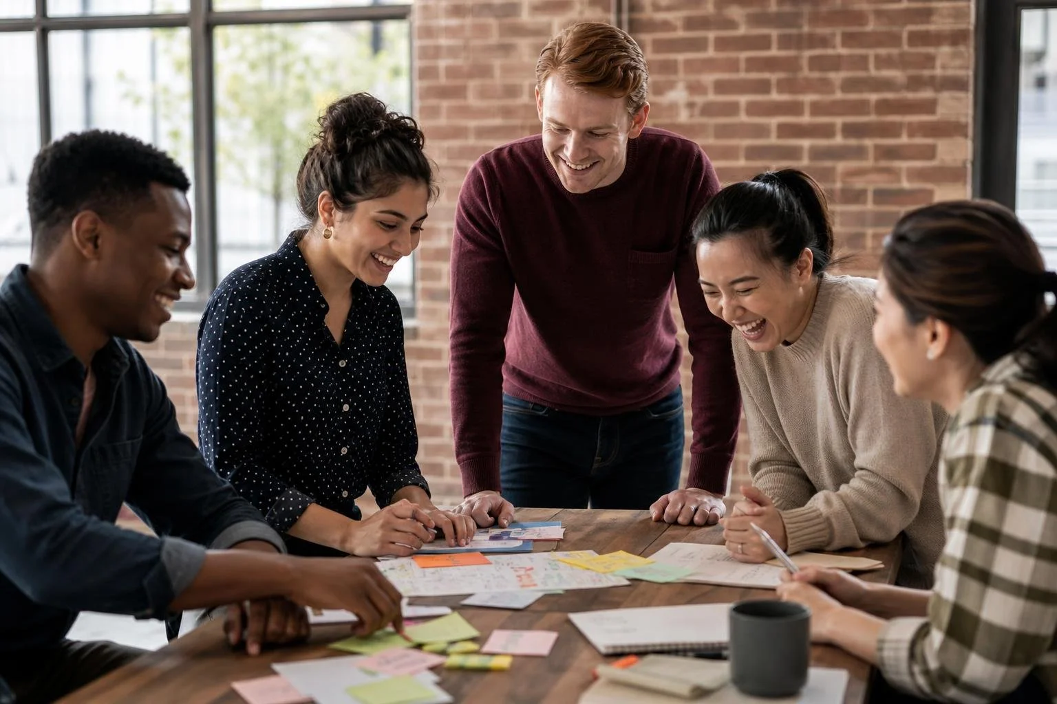A corporate team laughing together during an interactive mystery activity