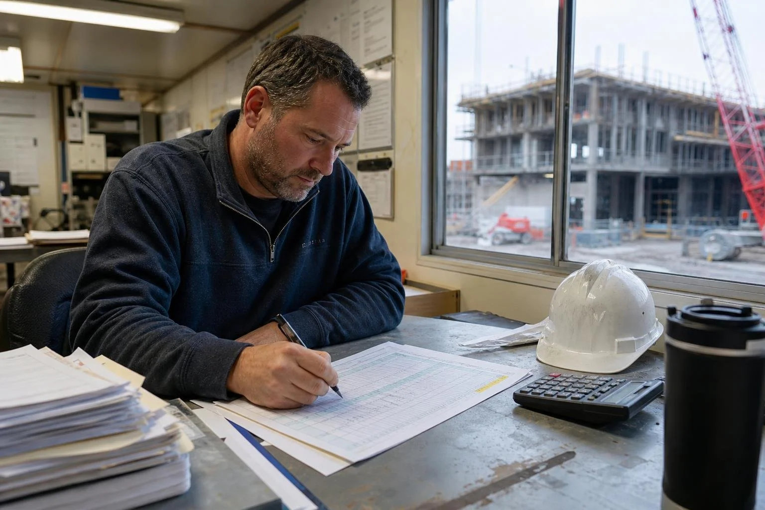 A construction project manager reviewing invoices and a cash-flow worksheet in a project office.