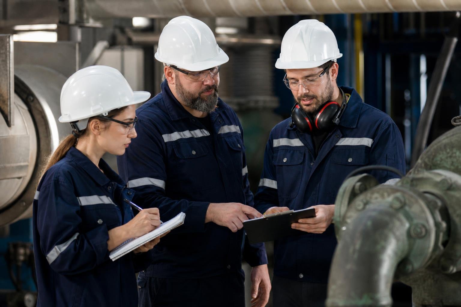 Industrial team reviewing operational risk and learning decisions