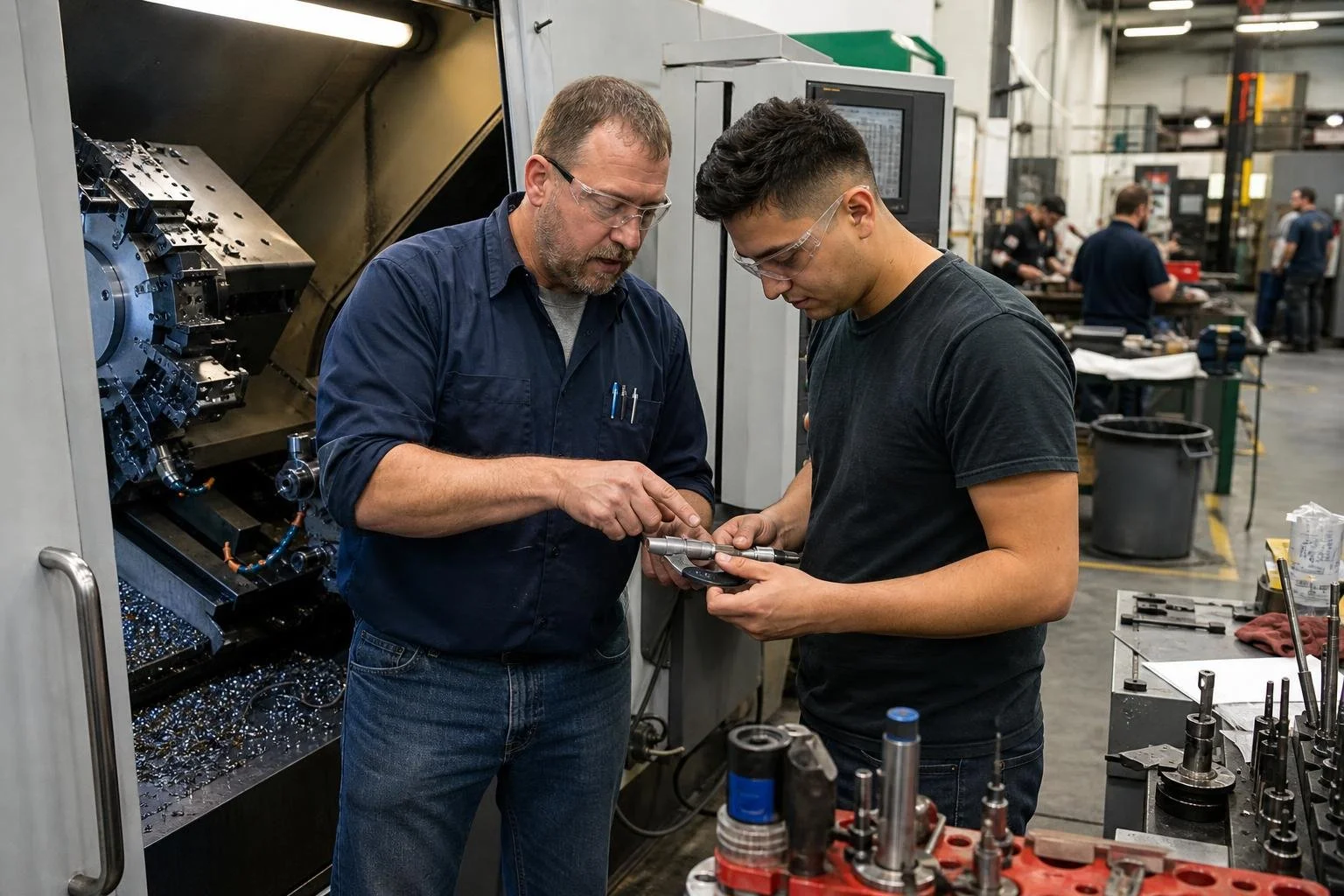 Production supervisor and machine operator reviewing a component measurement beside a CNC machine.