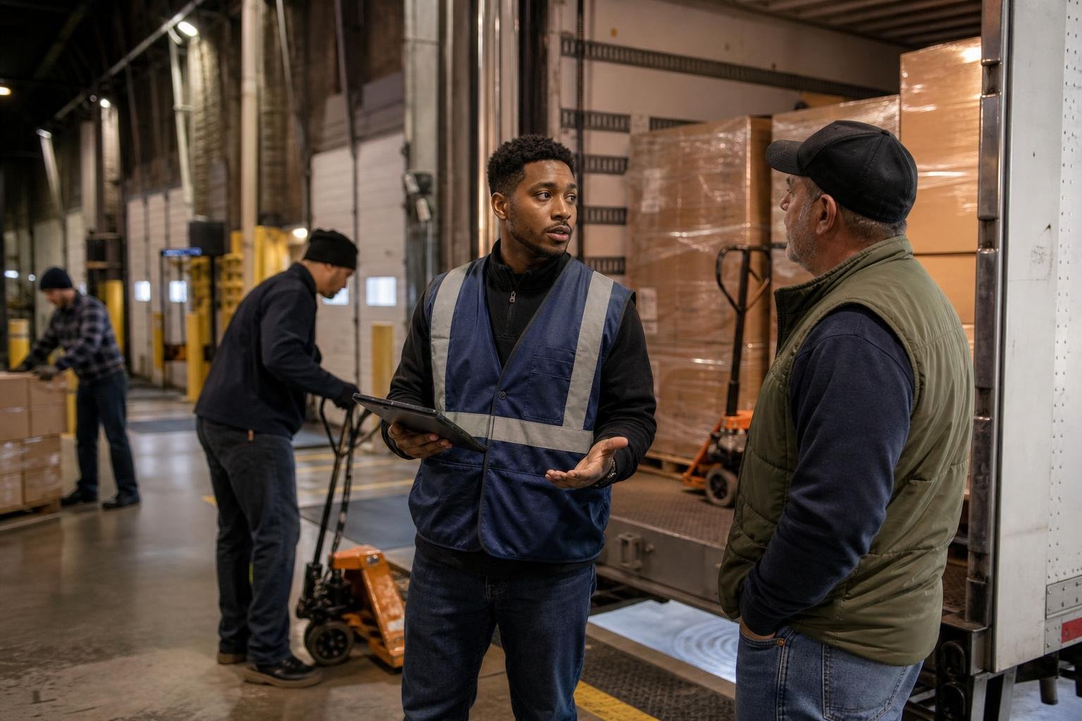 Young frontline supervisor calmly resolving a loading dock conflict with an experienced driver.