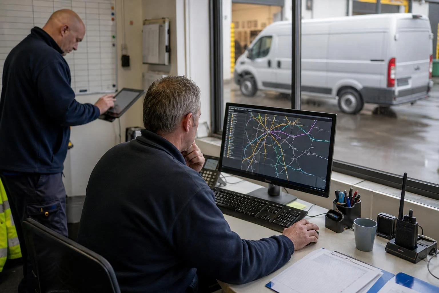 Operations staff coordinating routes with digital tools and a vehicle inspection tablet.