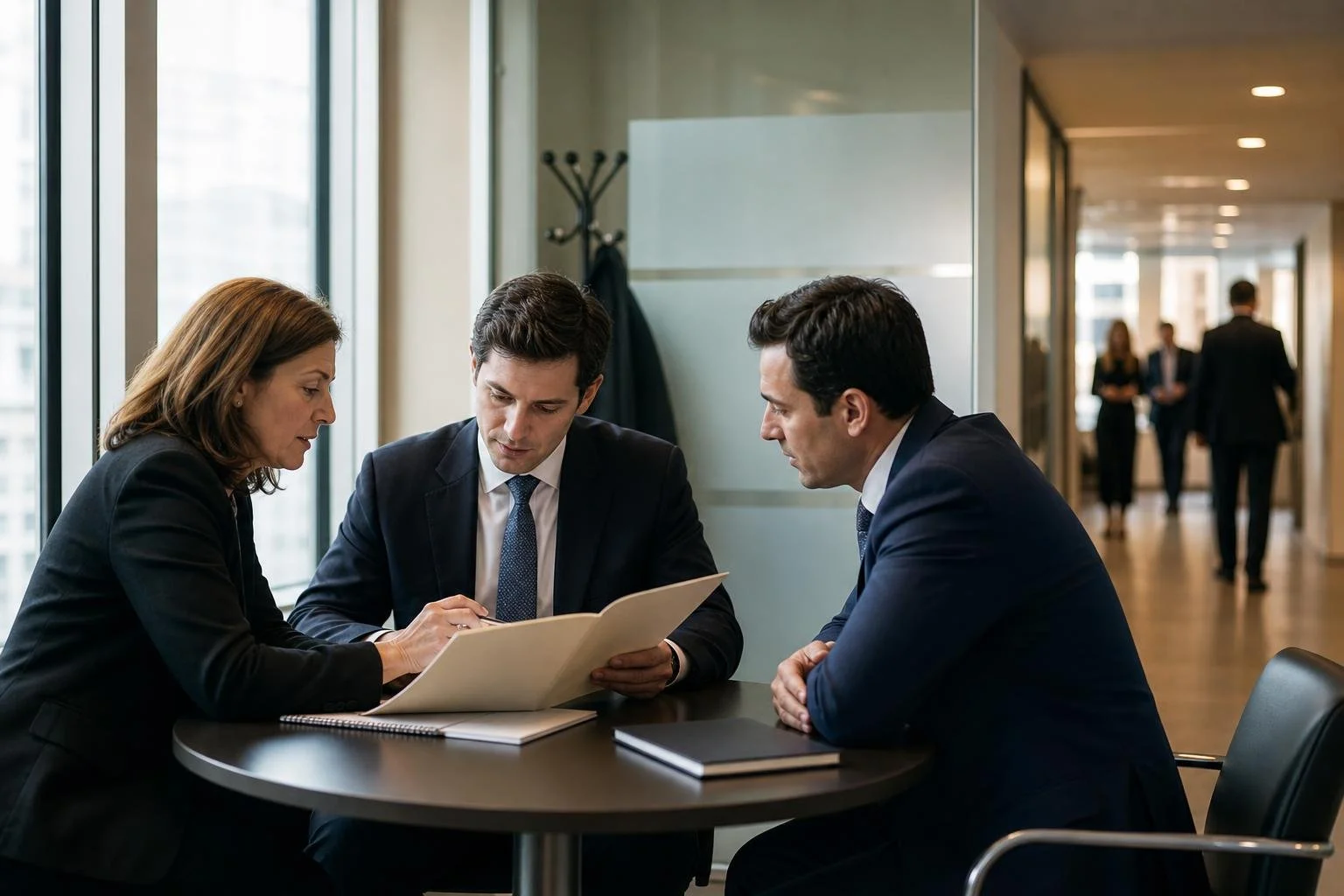 Recruitment leader, incoming partner and sponsor planning a law firm onboarding process.