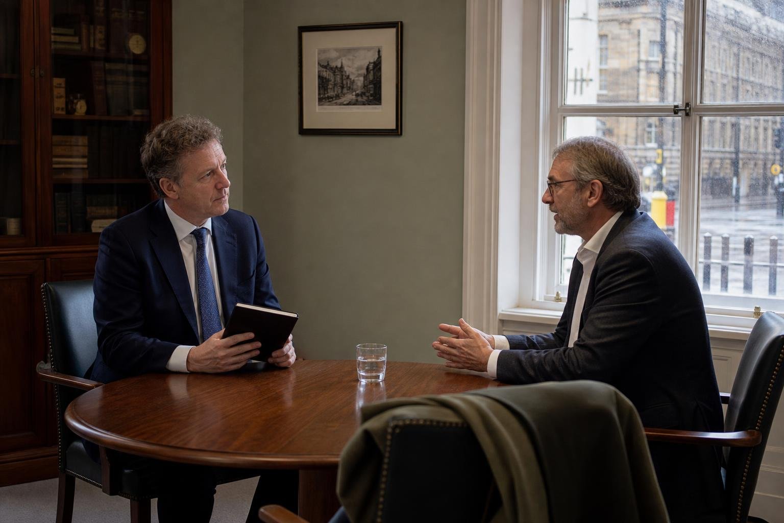 A lateral partner having a confidential integration discussion in a law firm meeting room.