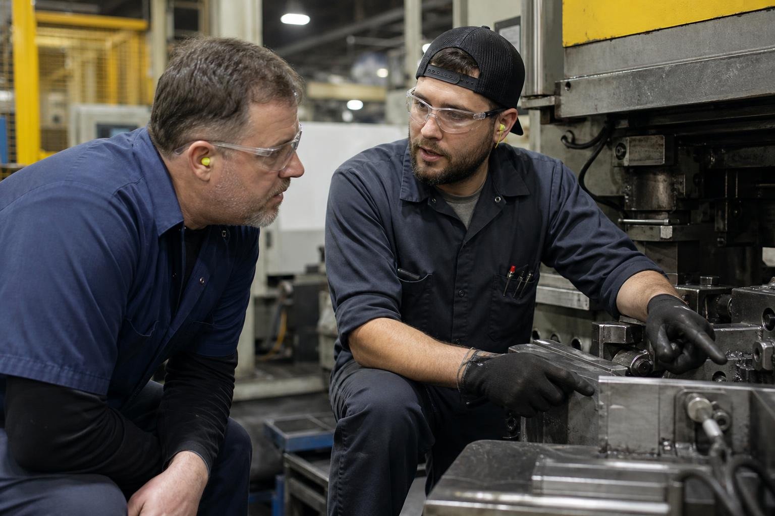Manufacturing supervisor listening to a technician beside equipment