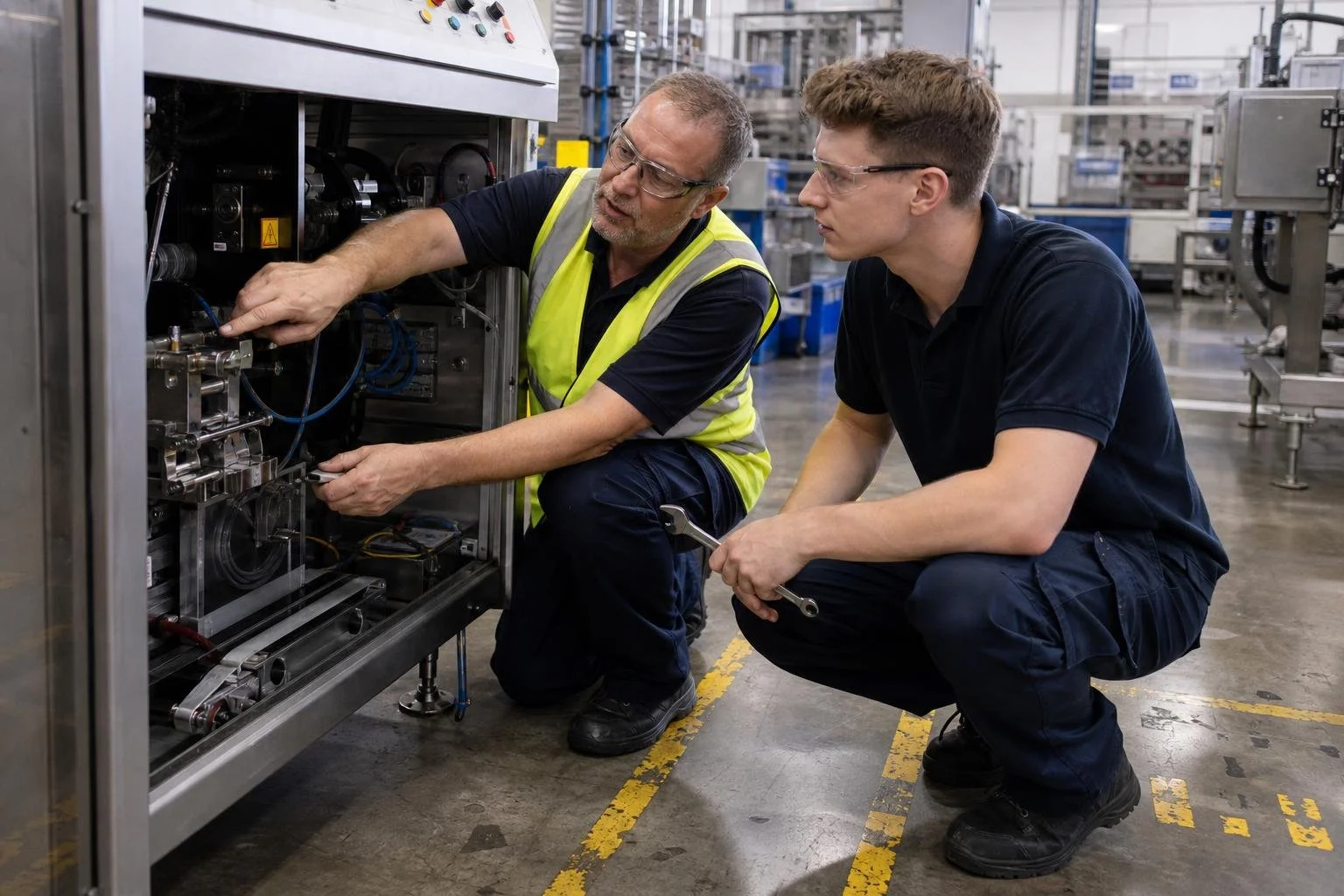 Manufacturing team lead coaching a technician during packaging machine setup.