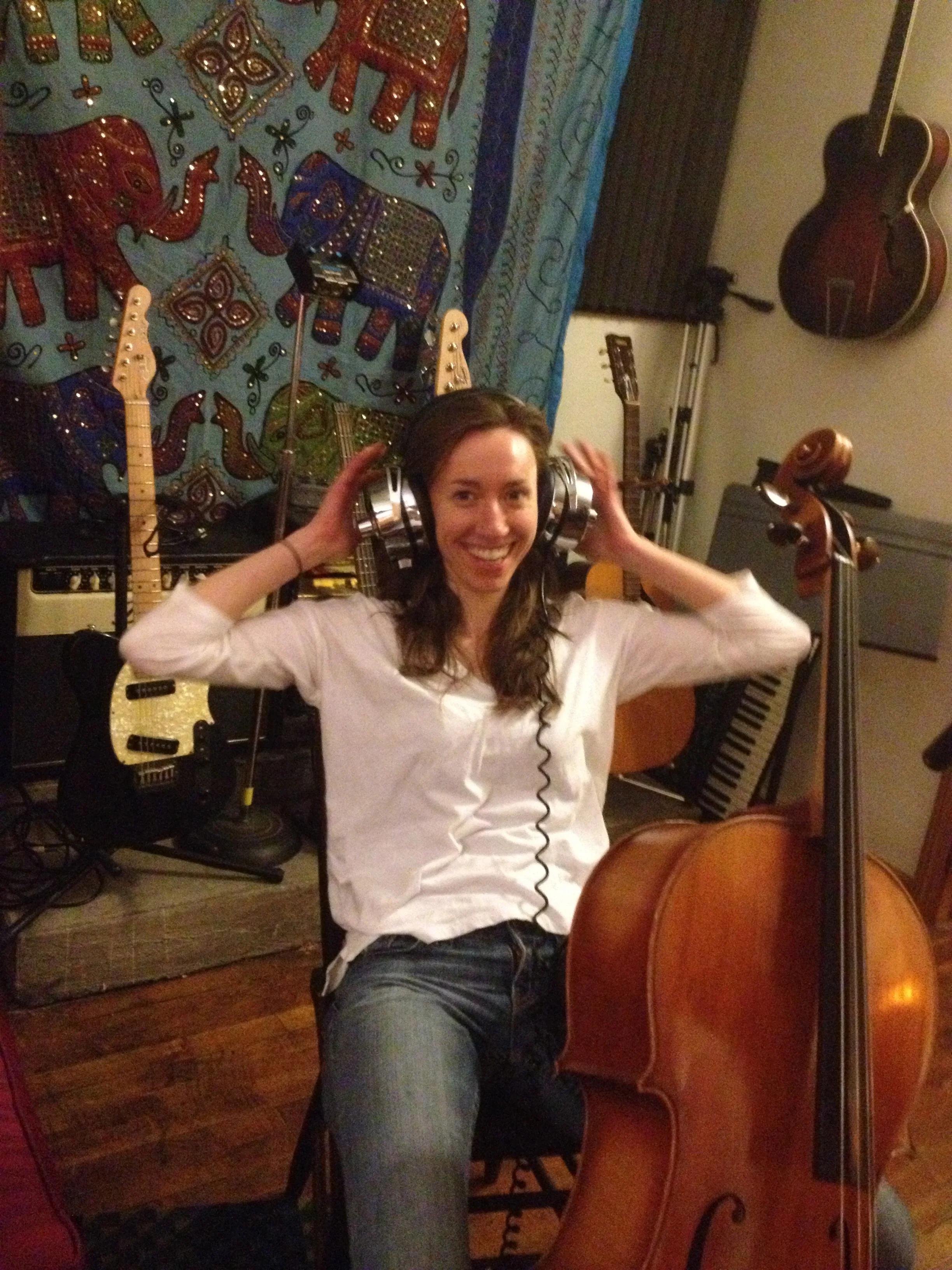 Rachel and some serious disco era, Gloria Gaynor headphones!