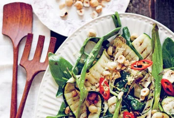 Grilled Zucchini and Green Onions with Baby Spinach and Hazelnuts