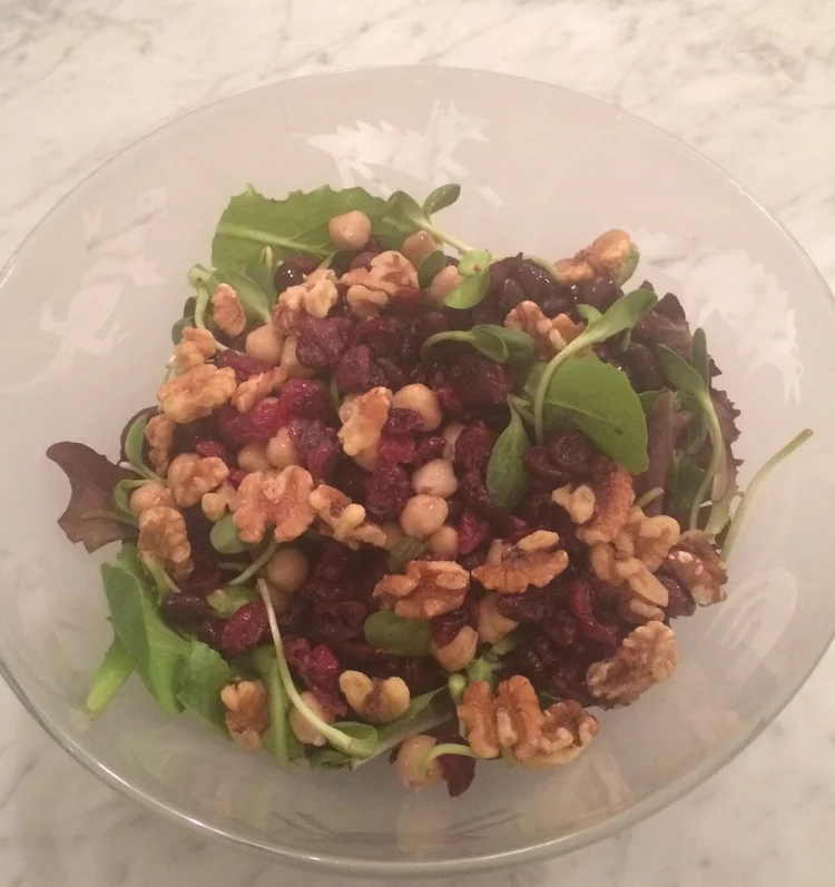 Awesome Salad Greens with Chickpeas, Black Beans, and Walnuts