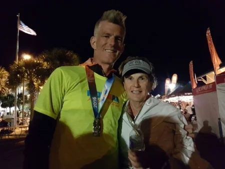 IRONMAN Florida finishers Gini Fellows and Pat Fellows, Gini's son and coach. "He deserves so much of the credit!" 