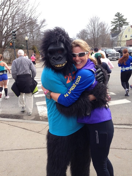 Nothing like a hug from the Heartbreak Hill Running Company's gorilla, during a training run in Boston