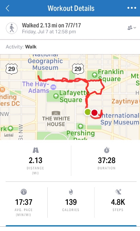 My stats from today's walk. I use Under Armour's mapmyfitness (also called mapmyrun, mapmyride, etc.). the entire family of apps feeds into mapmyfitness. Mostly it's a free app, but if you want audio coaching, there is a small monthly fee. I think the audio coaching is worth it.
