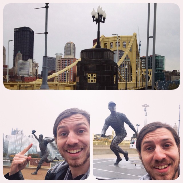 Nice little bike through Pittsburgh w/ my cuz @theerichoward. Ran into my friends Honus and Roberto. #clementebridge #pittsburgh #pncpark