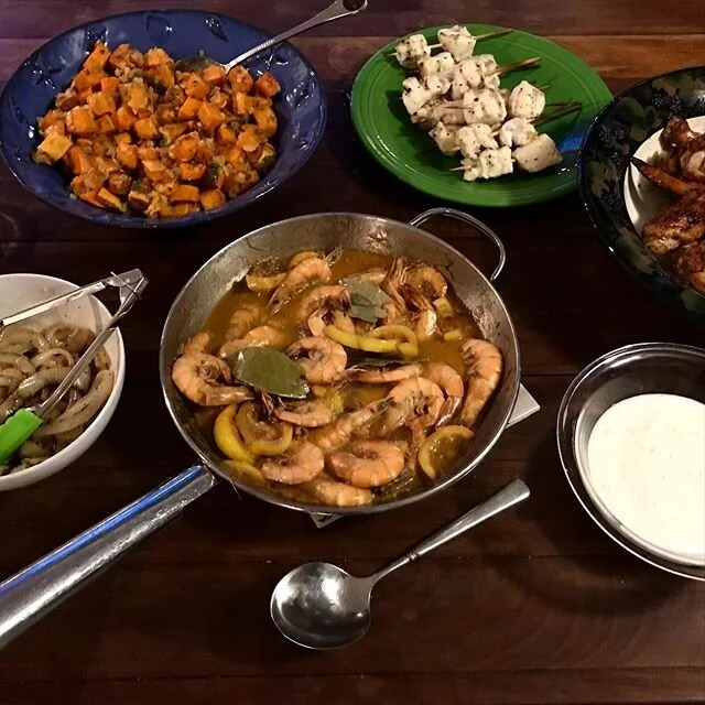 Smorgasbord! Playing with the bounty of @redstickfarmersmarket from top left Sweet potato salad (from my book and featuring jalape&ntilde;o from our garden!) &lsquo;Fish sticks&rsquo; cubes of red snapper from @anna_marie_shrimp  grilled on bamboo sk