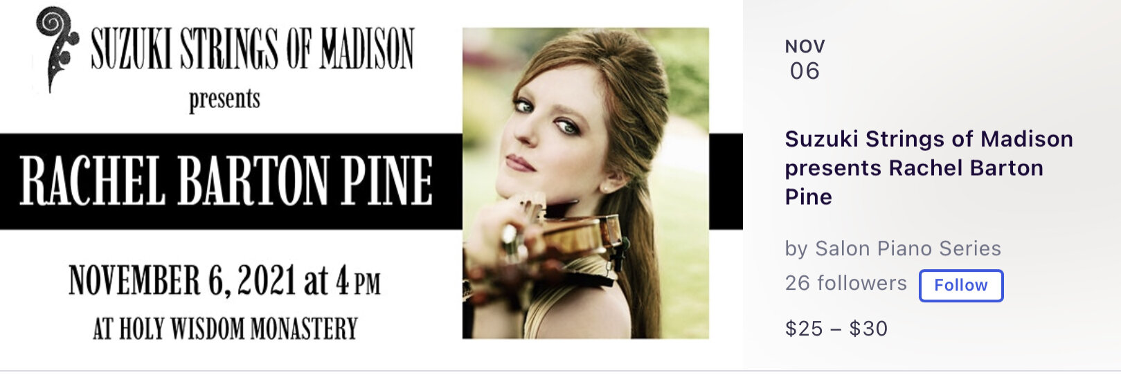 ORDER TICKETS AT: 30.00 is for SSM performer and immediate family ( parents /siblings)25.00 is per person all others .  https://www.eventbrite.com/e/suzuki-strings-of-madison-presents-rachel-barton-pine-tickets-162610407105