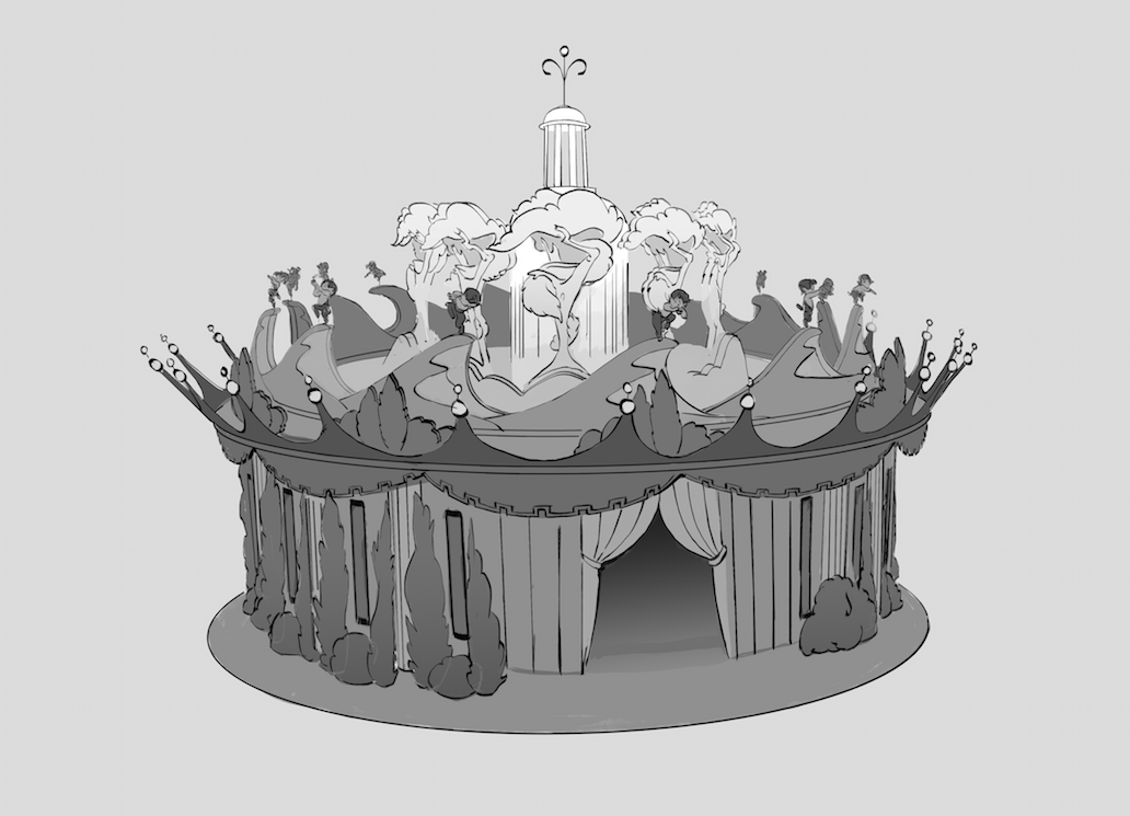 Exterior Shot: Guests step inside a working zoetrope. The top of the carousel spins with the ride.