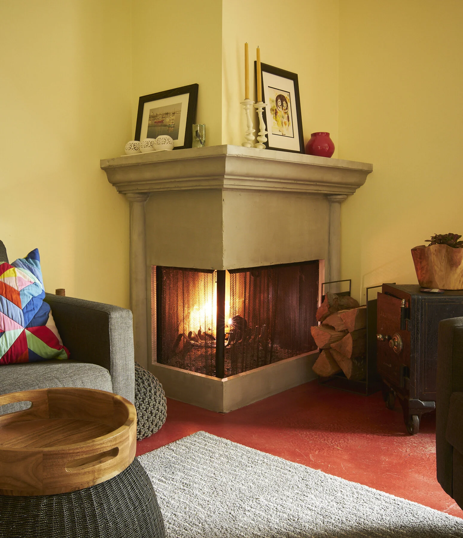 Fireplace refinished to look like concrete.
