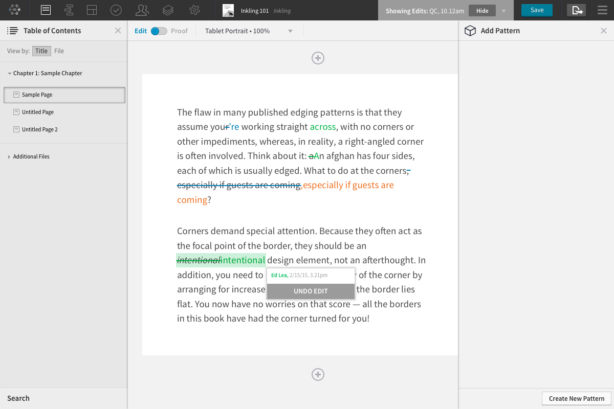 Wireframe of how undoing an edit would work. Each user's edits are colour-coded – something we found wouldn't scale on projects with 10+ users (not uncommon).