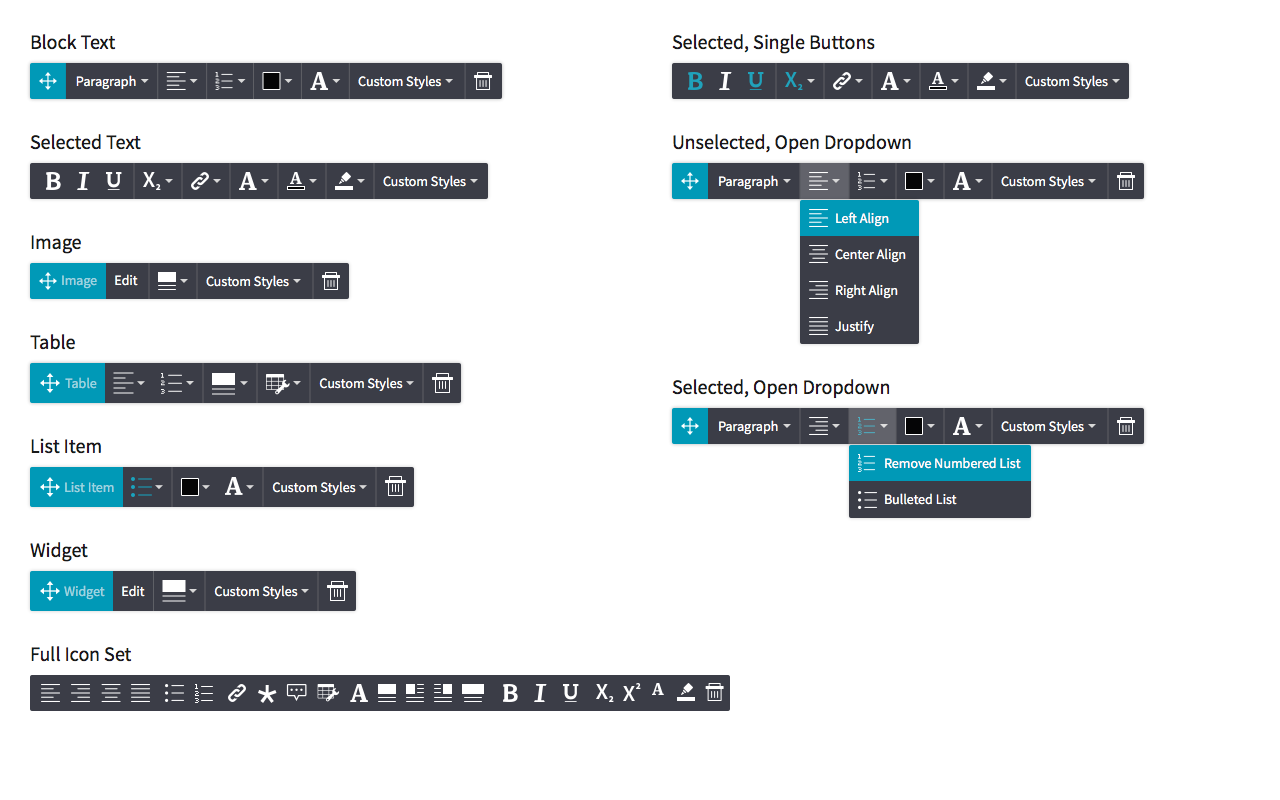 The toolbar in its various manifestations (for images, selected text, tables, etc).