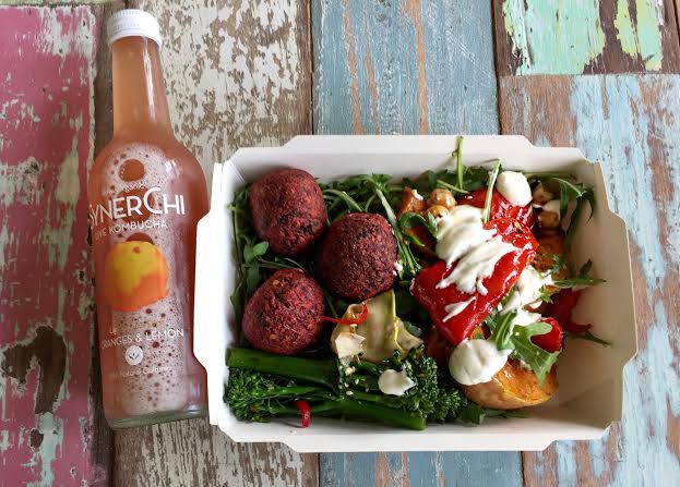 Lunch of beetroot falafel salad with some yoghurt dressing and roasted veg, Synerchi orange and Lemon drink-super refreshing!