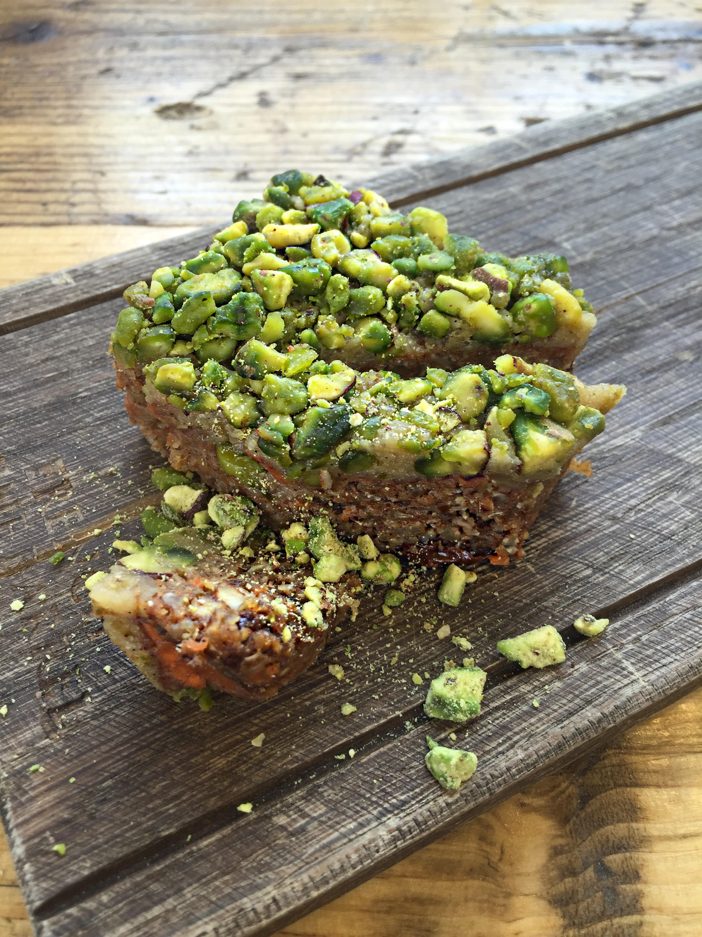 Avoca's raw carrot cake topped with pistachios...insanely good!