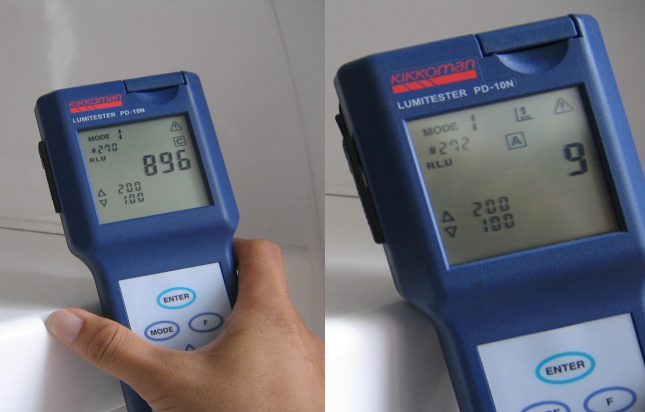 A  before and afte r lumitest reading shows the effectiveness of the treatment.