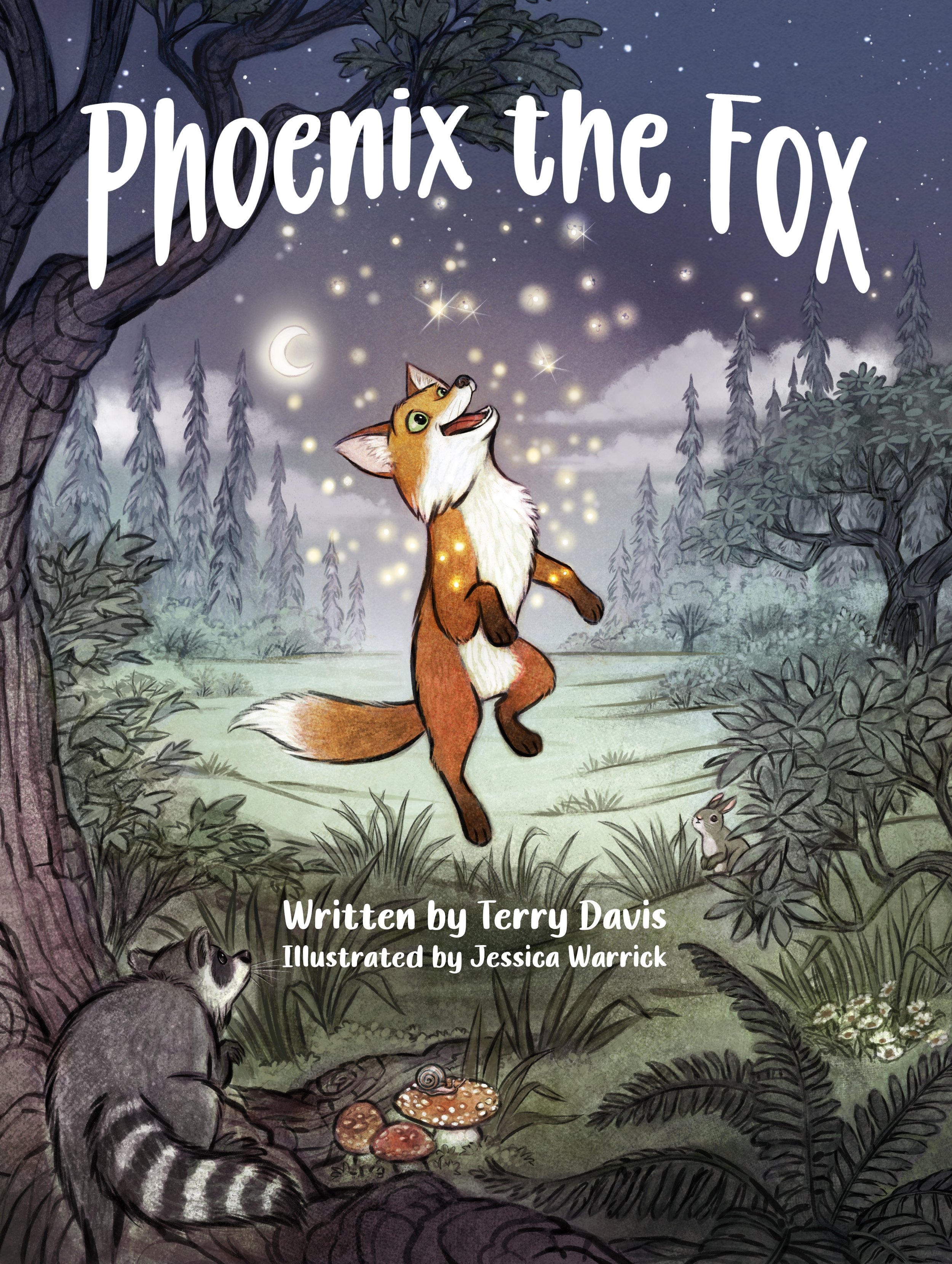 Illustration of a forest scene at night with a fox looking up at the sky filled with fireflies, a raccoon near the base of a tree, mushrooms on the ground, and a small bunny in the background. The sky shows a crescent moon and stars. The image includes the title "Phoenix the Fox" and credits to the author and illustrator.