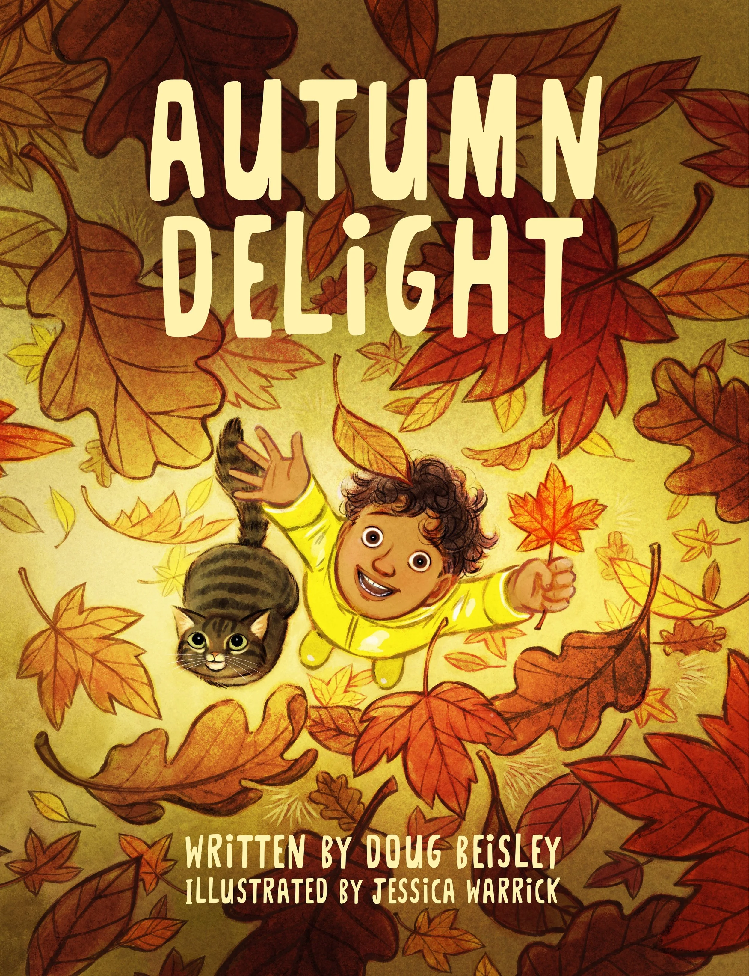 Book cover image for 'Autumn Delight' featuring children playing among fall leaves and a cat, with the title and author information.