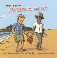 Illustration of three characters on a beach: two men and a baby. One man has blond hair and is wearing a plaid shirt and shorts, the other man has darker skin, is wearing sunglasses, a hat, and dark pants, and the baby is dressed in orange. They are walking along the shoreline with the sea in the background.
