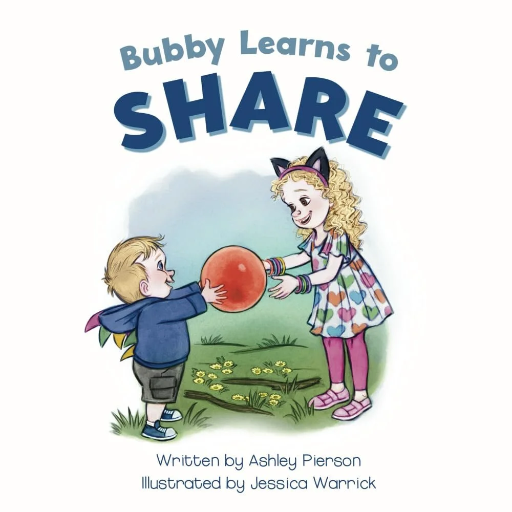 Cover of a children's book titled "Bubby Learns to Share" featuring a girl with blonde curly hair, wearing a colorful dress and cat ears headband, passing a ball to a young boy with blond hair in a blue hoodie outdoors on grass with yellow flowers.