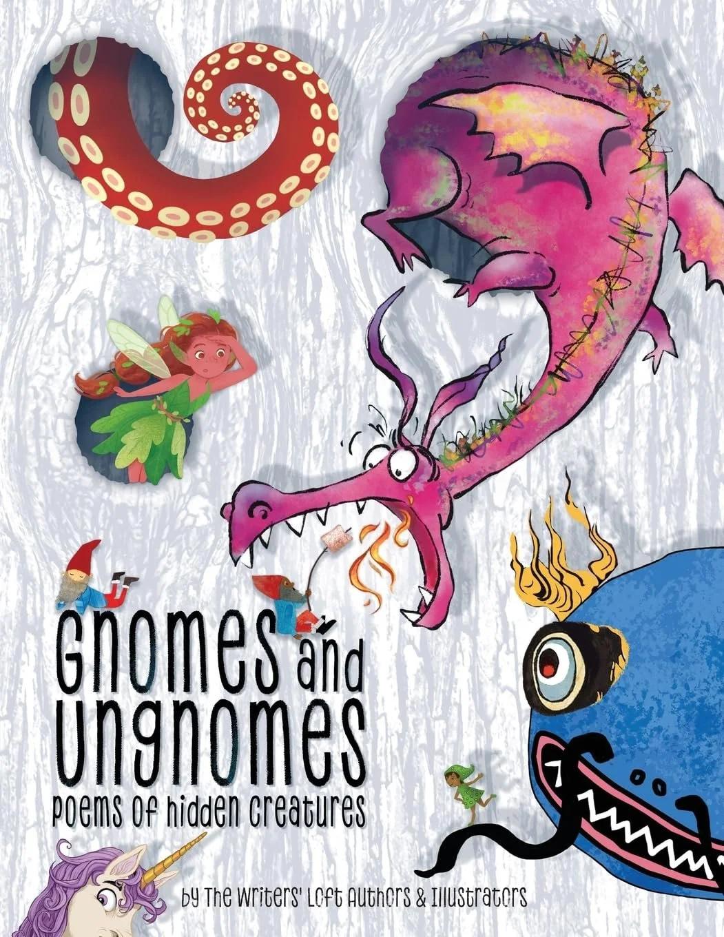 Book cover for 'Gnomes and Ungnomes: Poems of Hidden Creatures' featuring colorful illustrations of a dragon, a fairy, a gnome, a unicorn, and other fantastical creatures on a textured background.
