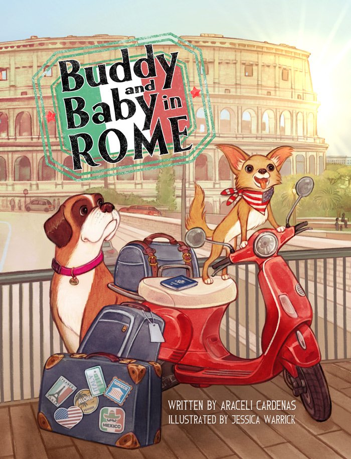 Animated cover of a children's book titled 'Buddy and Baby in Rome' showing two dogs, one sitting on a red scooter and the other next to a suitcase, with Rome's Colosseum in the background.