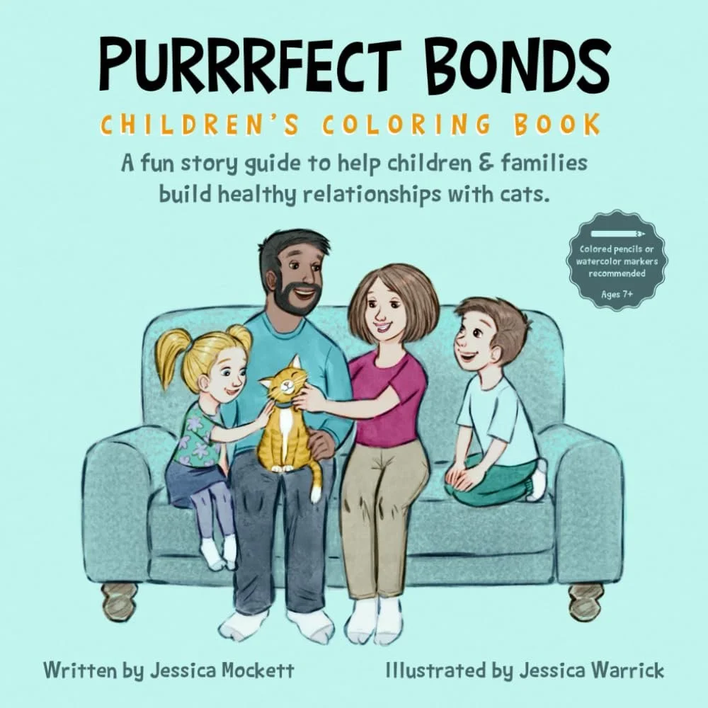 Cover of 'Purrfect Bonds' children's coloring book showing a family sitting on a couch with their pet cat, smiling and petting the cat.