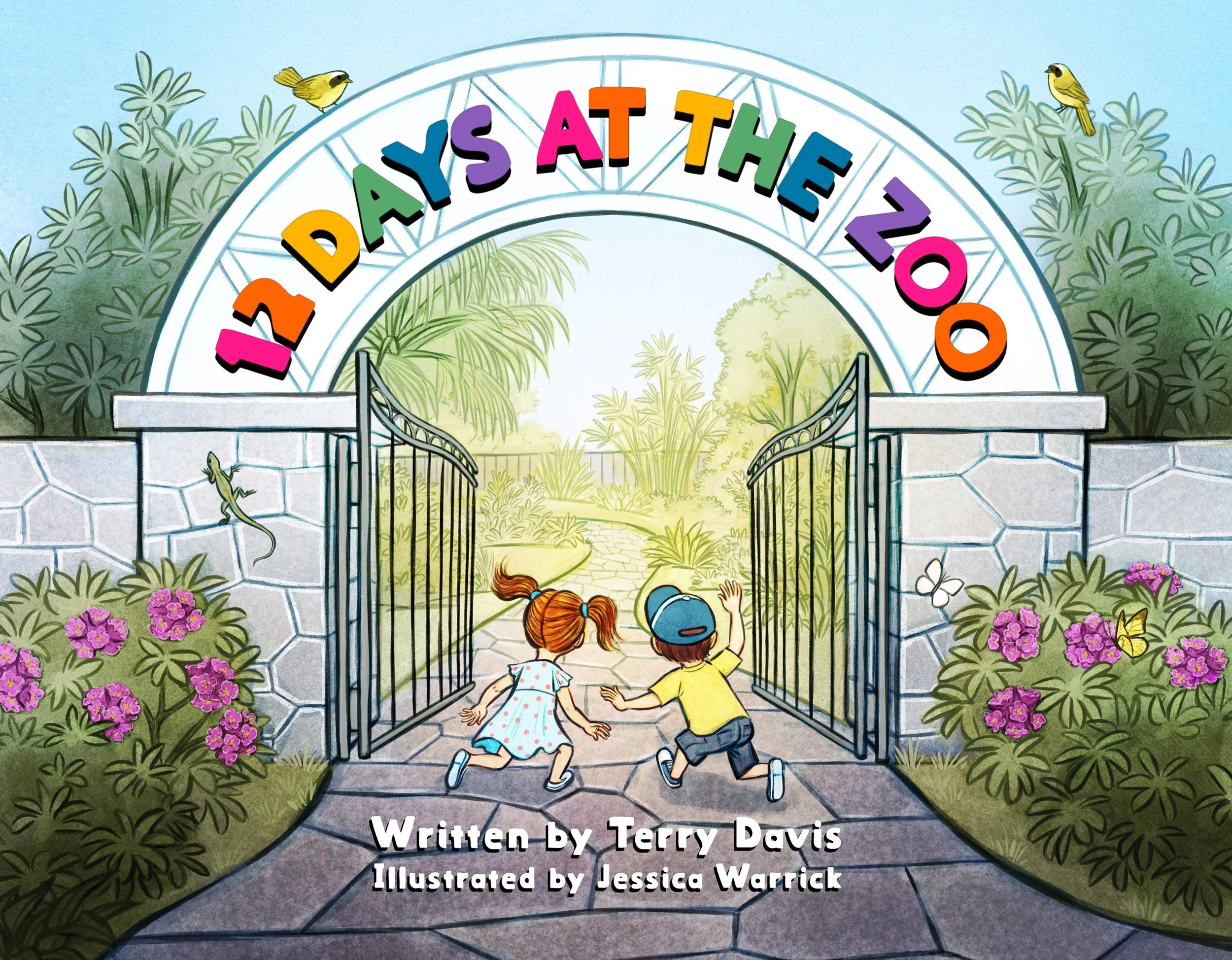 Two children, a girl with red hair and a boy with a blue cap, run through a garden gate with lush green plants and pink flowers on either side, with a mural of amusement park rides and a clear blue sky in the background.